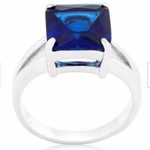 Silver Sapphire Cocktail Ring Size 6 7 8 10 Blue Cubic Zirconia Princess Cut